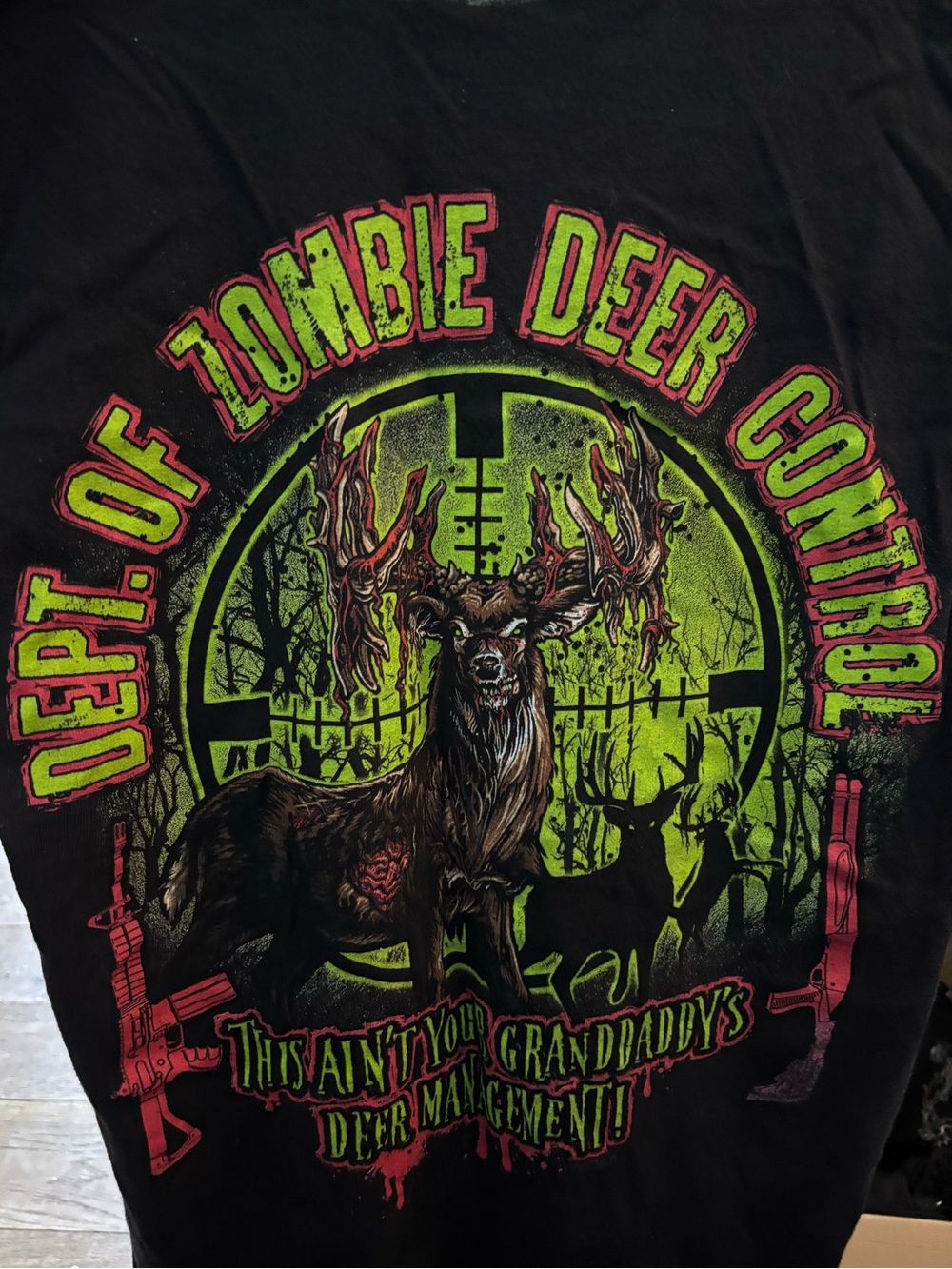 Dept. of Zombie Deer Control Graphic Tee - Black with Neon Green & Pink